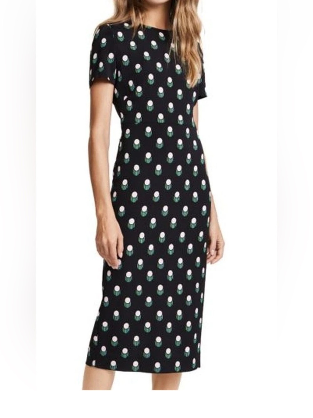 Diane Von Furstenberg Black Midi Dress with Green & White Dot Motif